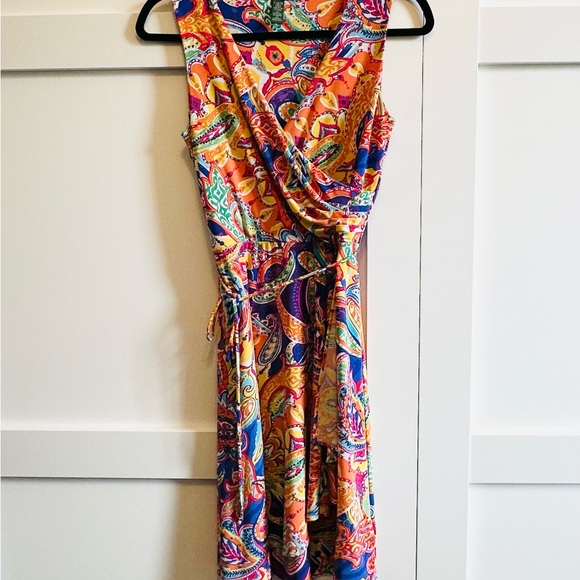 RALPH LAUREN Dress Vibrant Floral Surplice Neckline Draped Tie Belt XS Petite - Picture 4 of 13